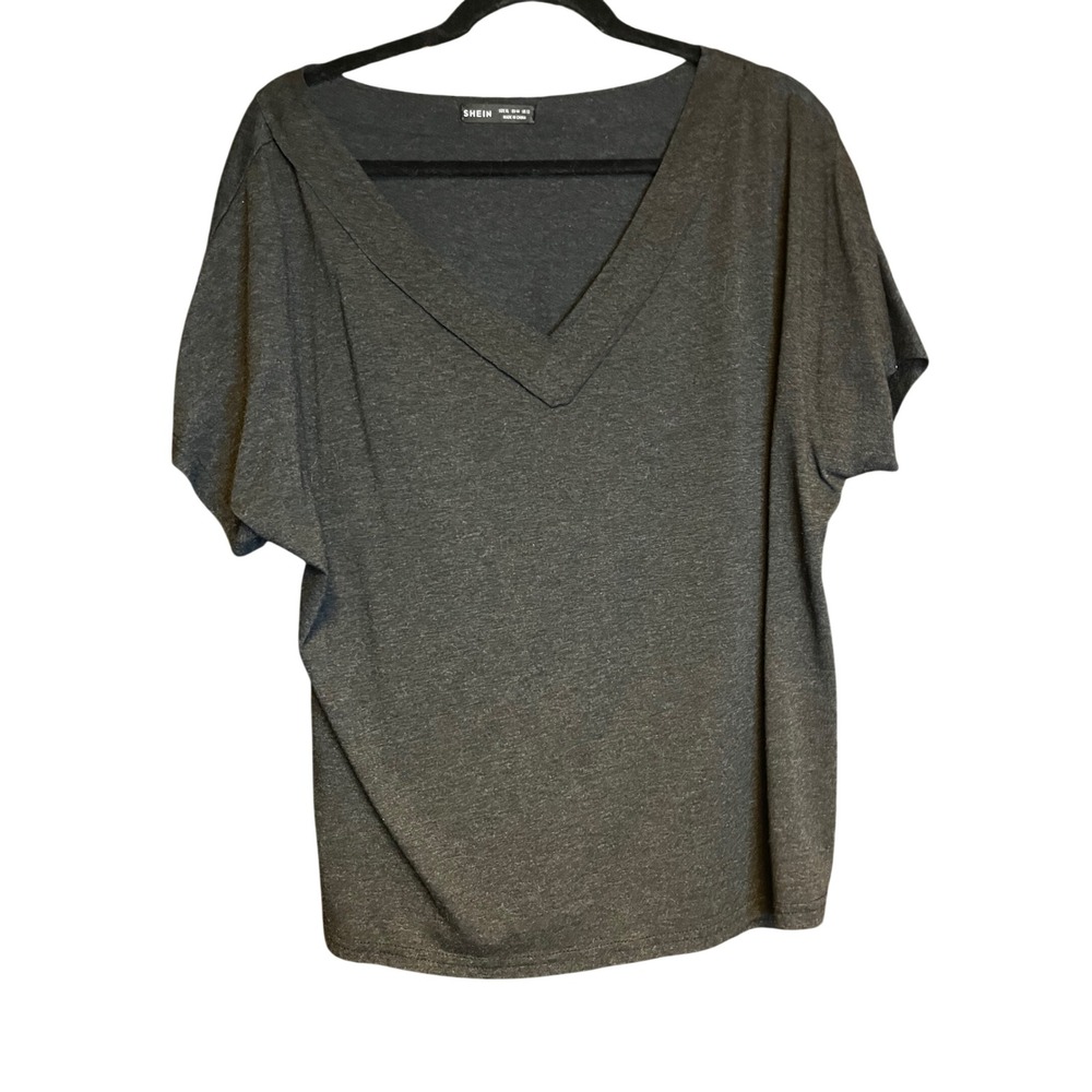 SHEIN T-Shirt Women XL Charcoal Grey Excellent V-Neck Dolman Sleeve Relaxed Fit‎
